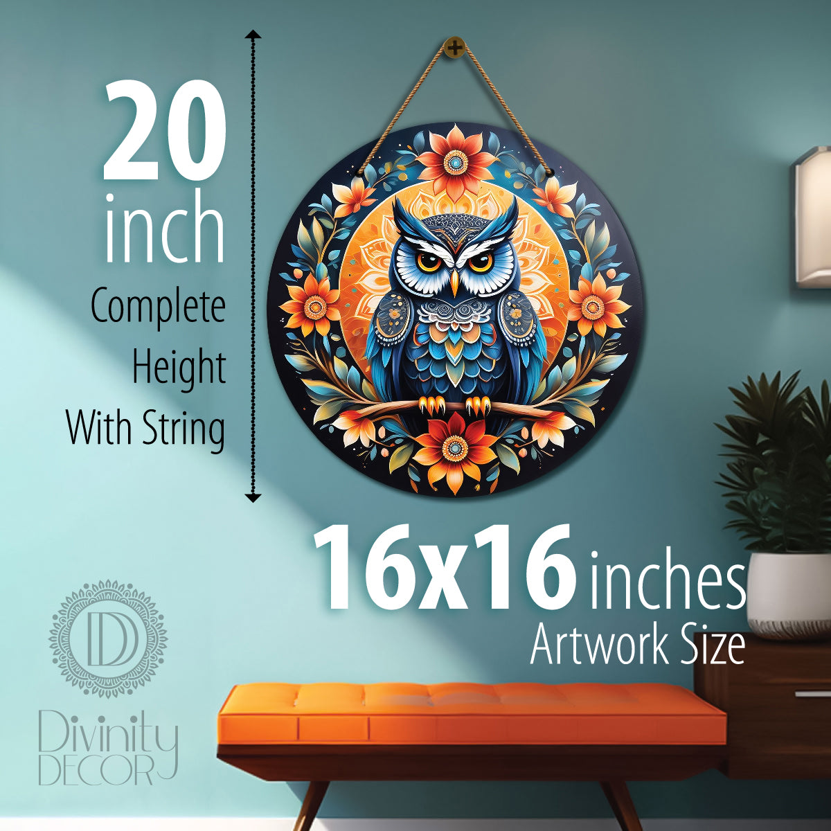 Owl in blue and orange mandala Round Wooden Wall Hanging for wall Décor - Design - 287