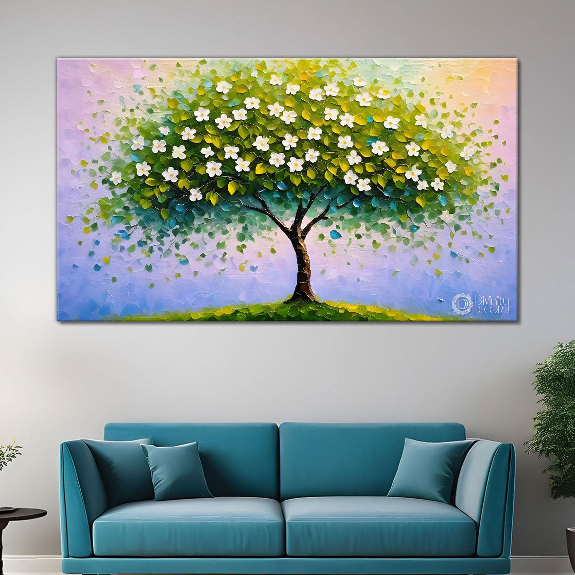 White flower tree in textured background oil painting- Design - Tree-288