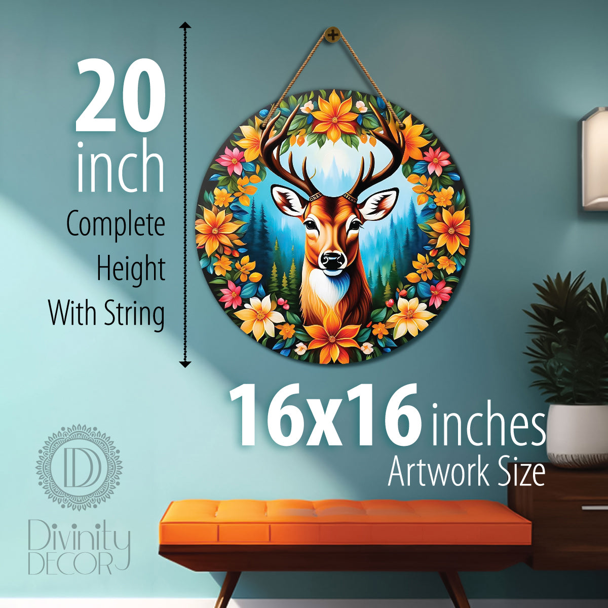 Deer in blue and floral mandala Round Wooden Wall Hanging for wall Décor - Design - 288