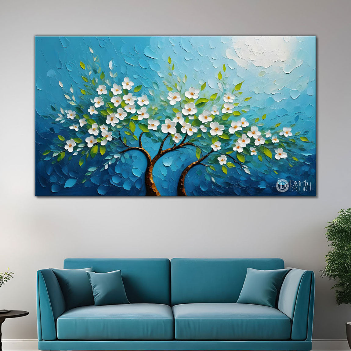 White flower tree in textured background oil painting- Design - Tree-289