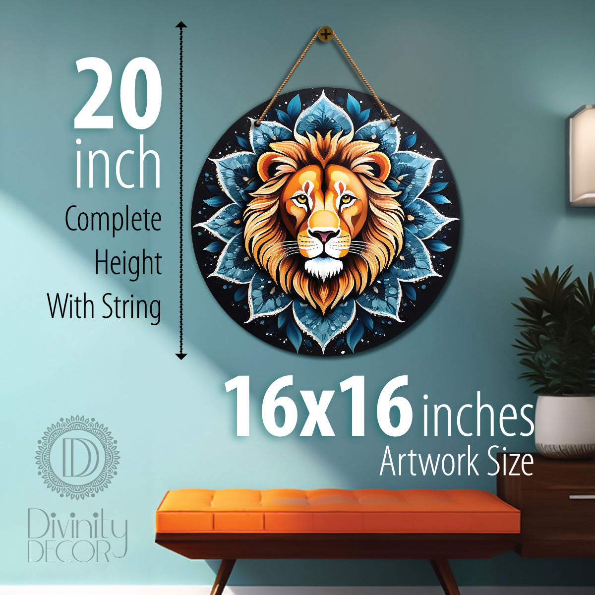 Lion in blue mandala Round Wooden Wall Hanging for wall Décor - Design - 289