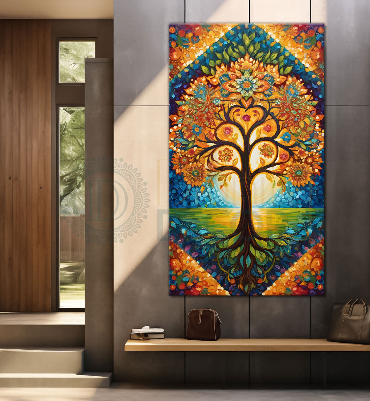 Tree with colourful flowers in bright background textured modern art Canvas painting - Tree-V-28