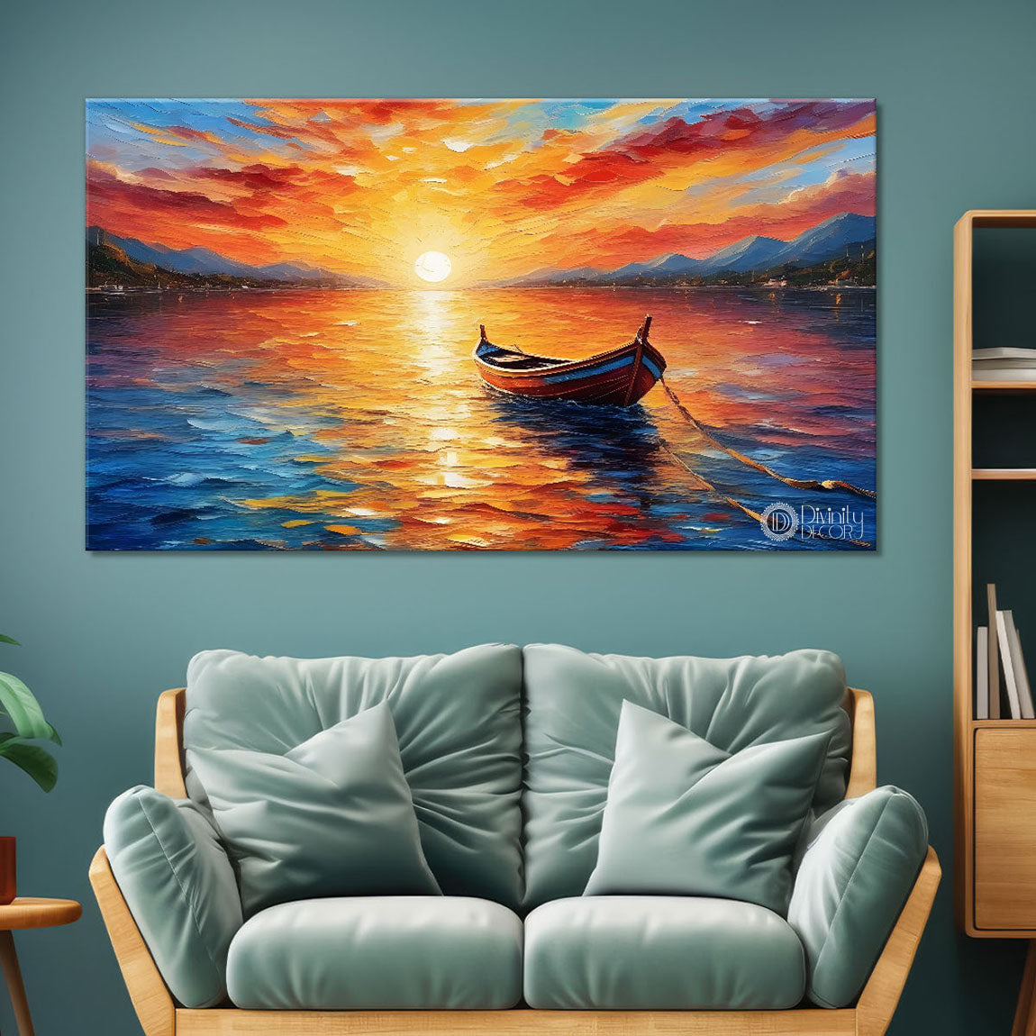 Boat in sea with sunset background textured modern art canvas painting - Design - River-29