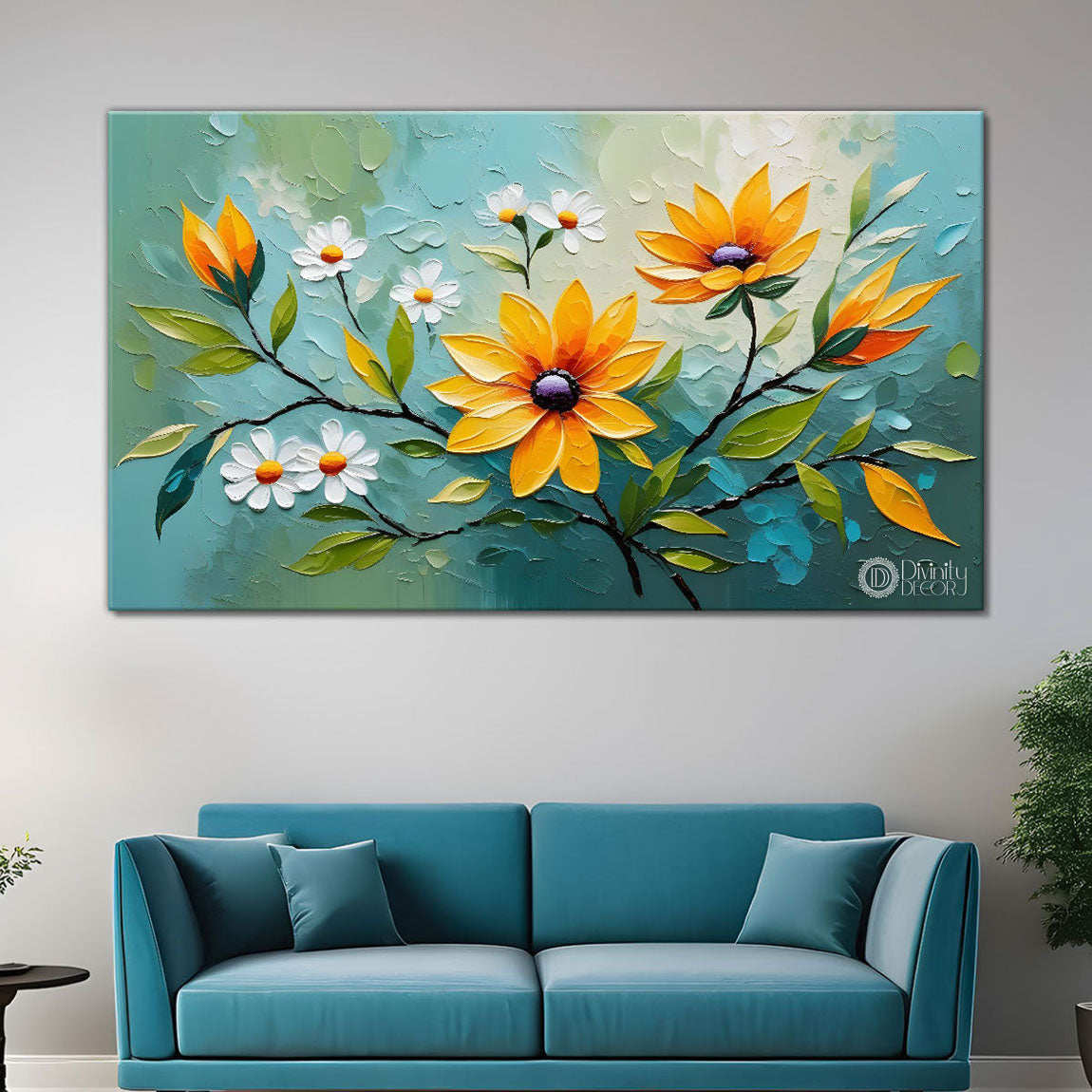 White and orange flowers in textured background oil painting- Design - Tree-290