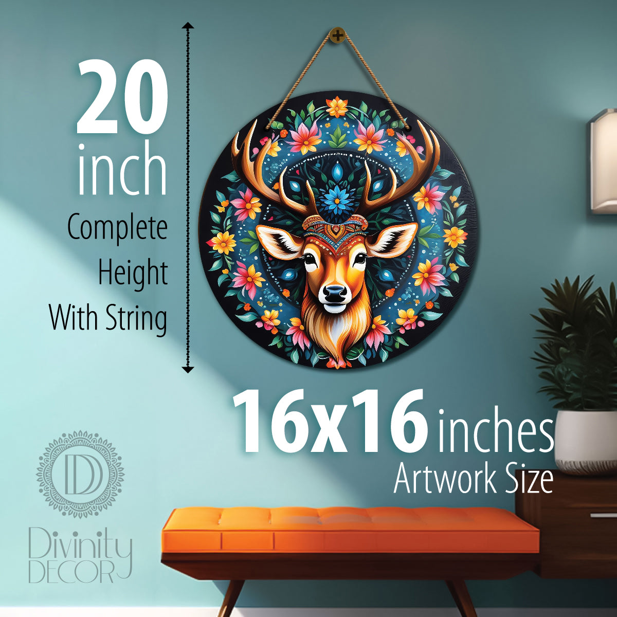 Deer in blue and floral mandala Round Wooden Wall Hanging for wall Décor - Design - 290