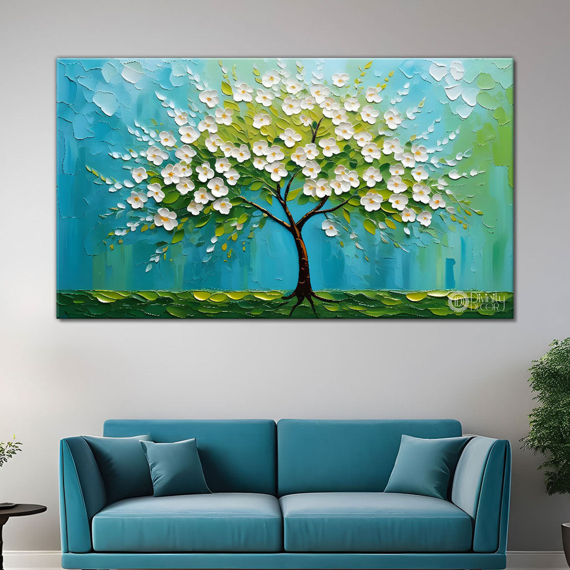 white flower tree in textured background oil painting- Design - Tree-291
