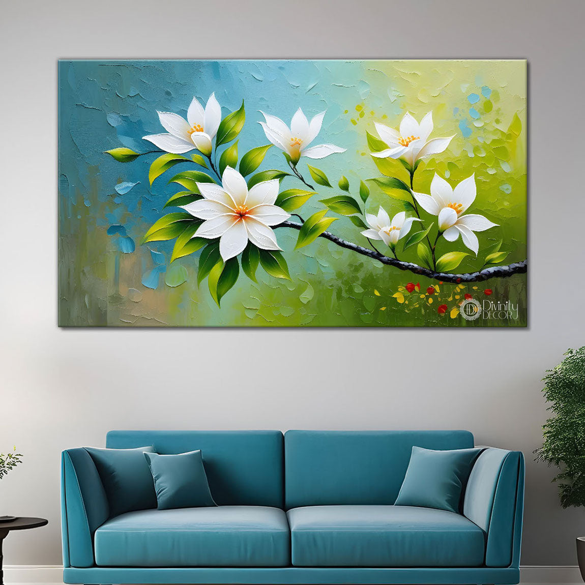 white flower tree in textured background oil painting- Design - Tree-292