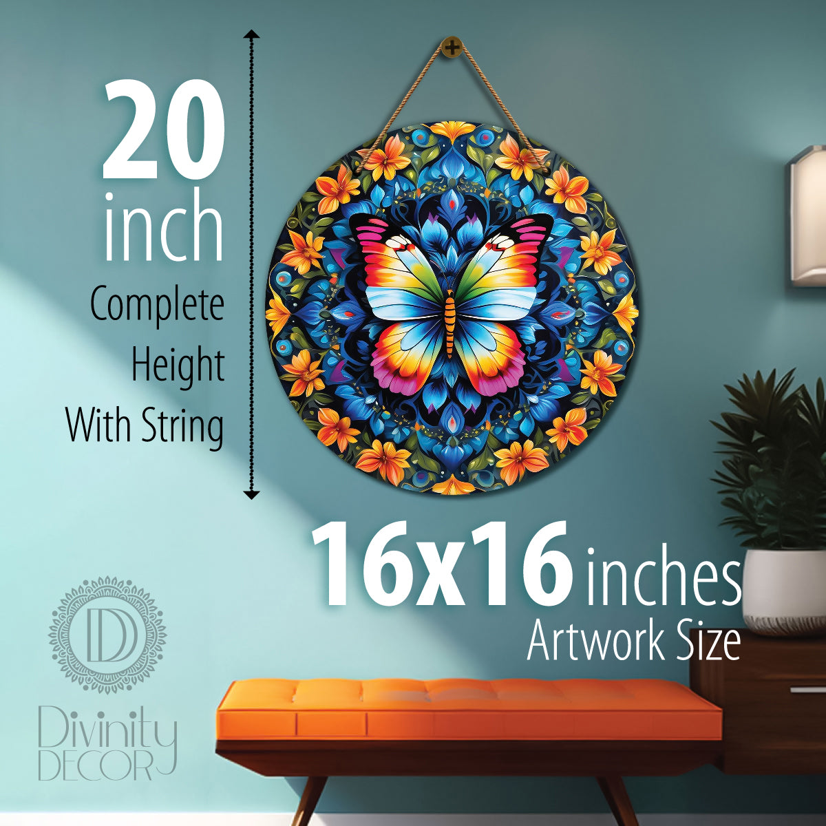 Butterfly in blue and orange mandala Round Wooden Wall Hanging for wall Décor - Design - 292