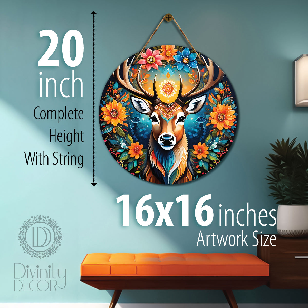 Deer in blue and floral mandala Round Wooden Wall Hanging for wall Décor - Design - 293