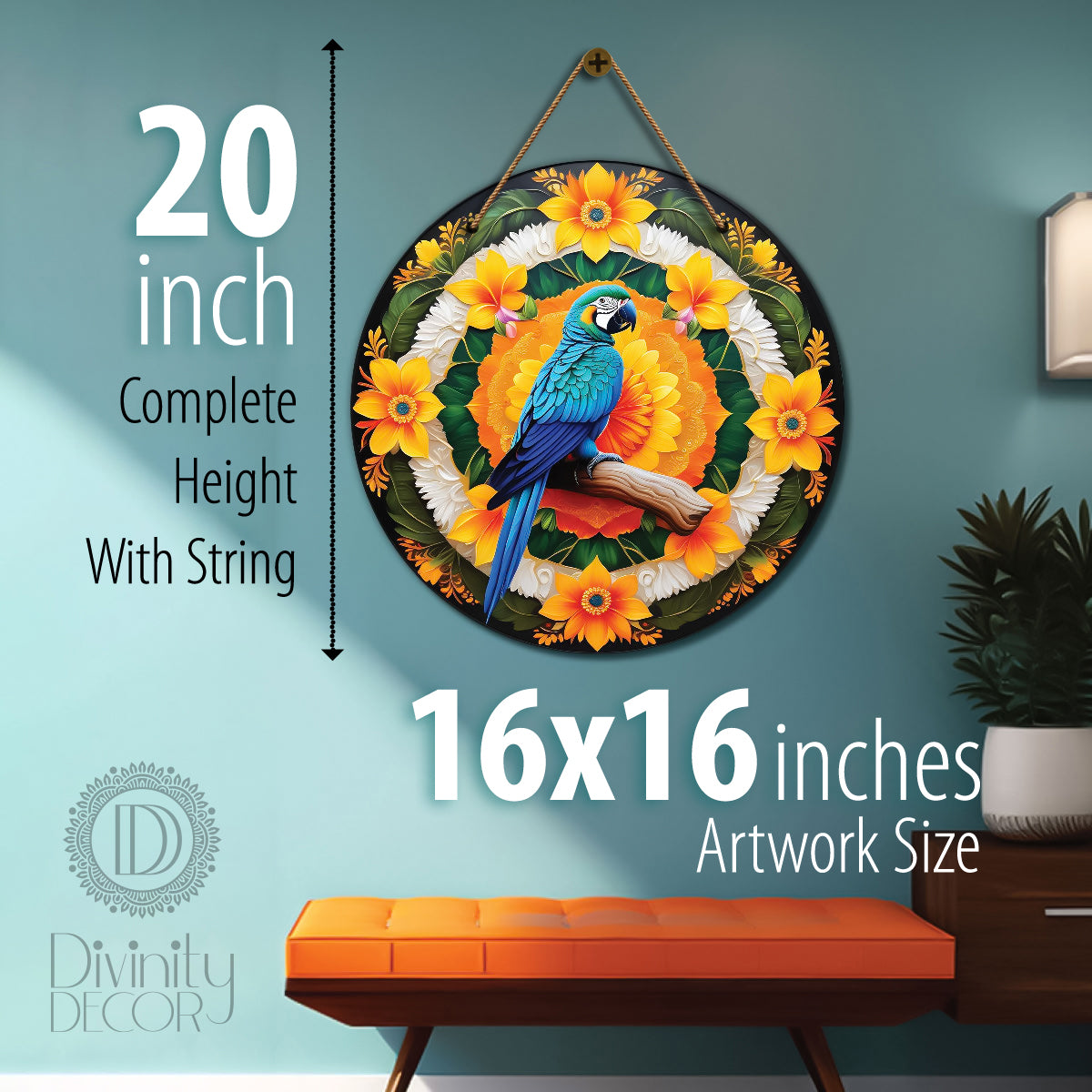 Parrot in green and floral mandala Round Wooden Wall Hanging for wall Décor - Design - 294