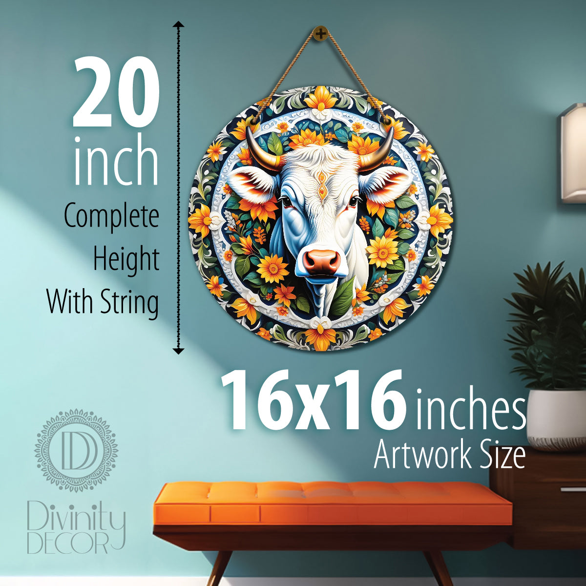 Cow in green and floral mandala Round Wooden Wall Hanging for wall Décor - Design - 295