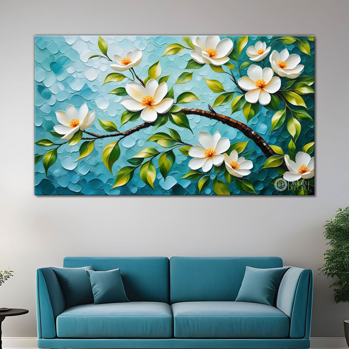 White flower tree in textured background oil painting- Design - Tree-296