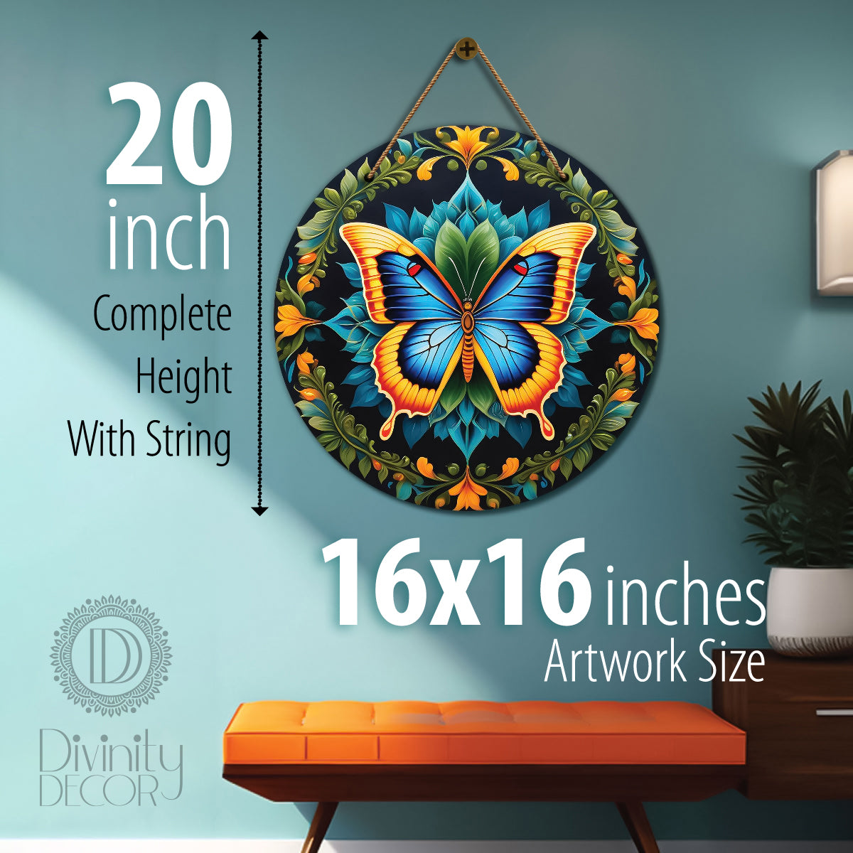 Butterfly in green and yellow mandala Round Wooden Wall Hanging for wall Décor - Design - 297