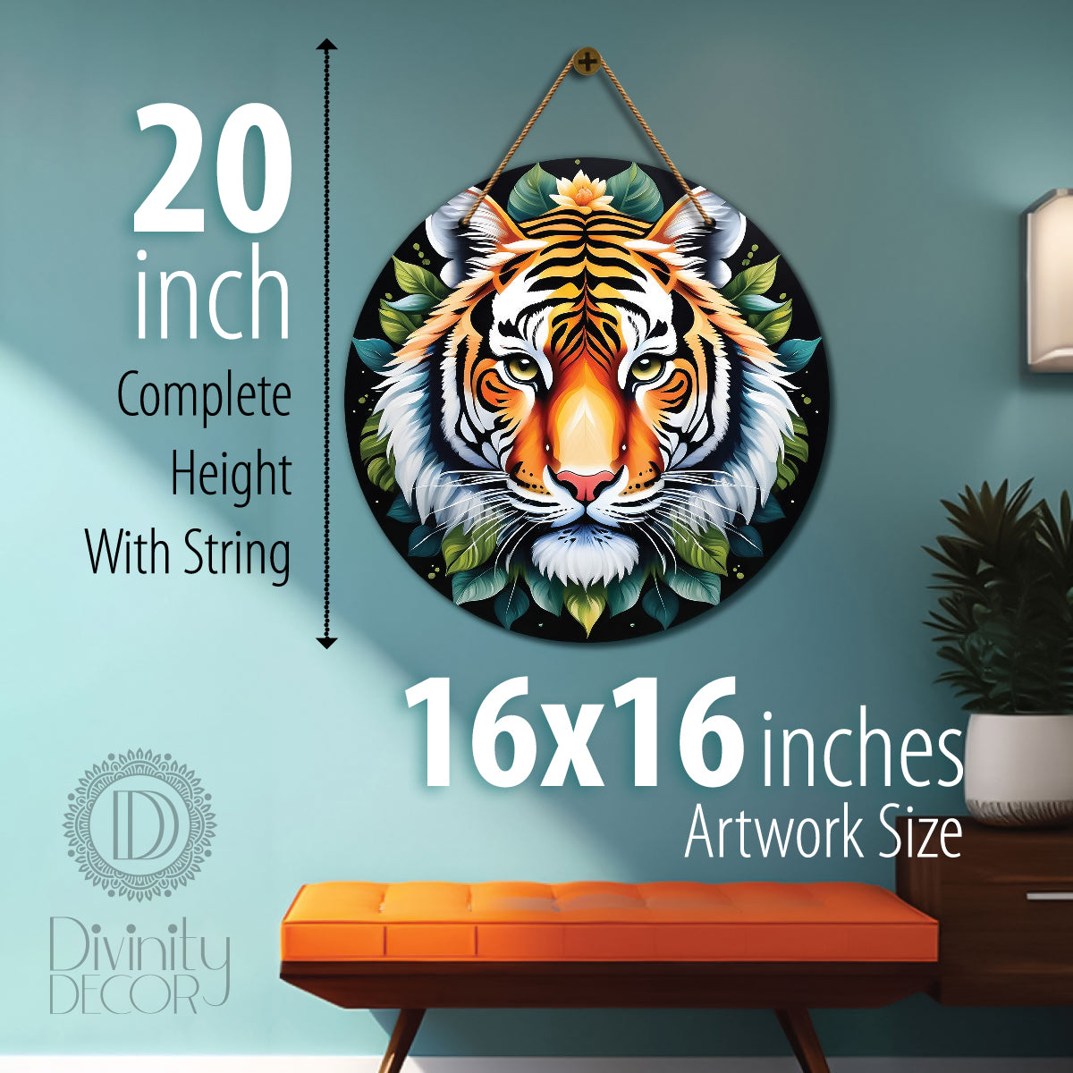 Tiger in green and black mandala Round Wooden Wall Hanging for wall Décor - Design - 298