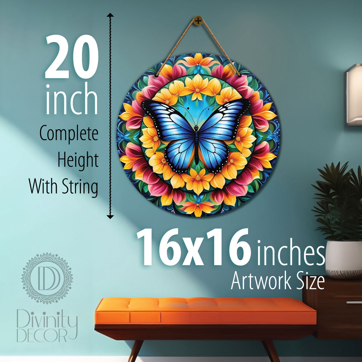 Butterfly in yellow and pink mandala Round Wooden Wall Hanging for wall Décor - Design - 299