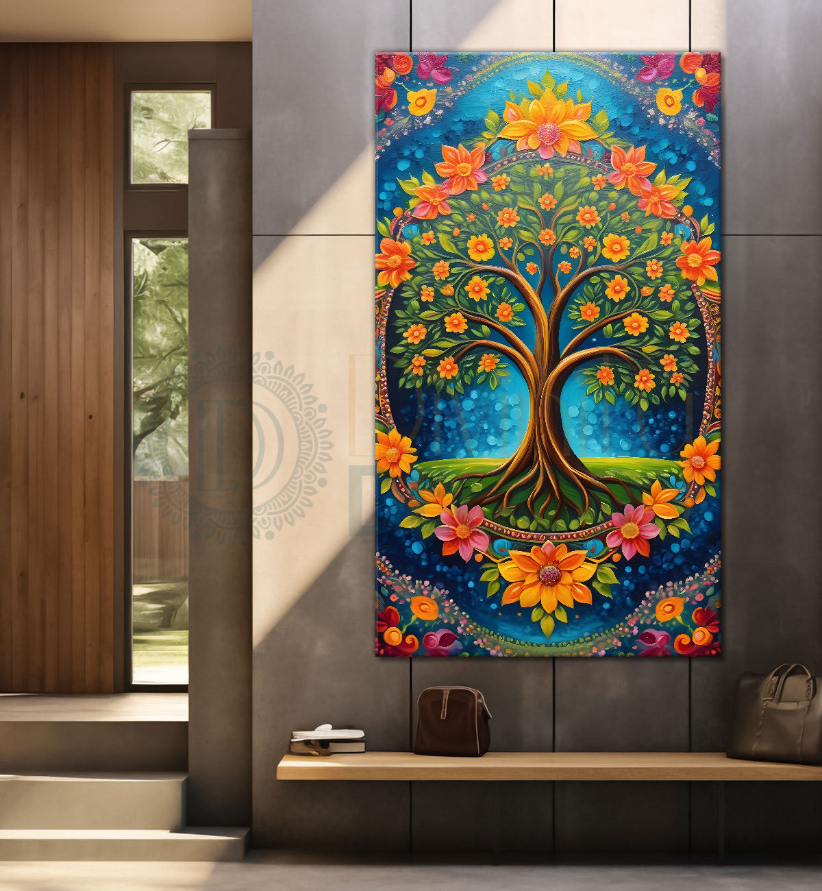 Tree with colourful flowers in bright background textured modern art Canvas painting - Tree-V-29