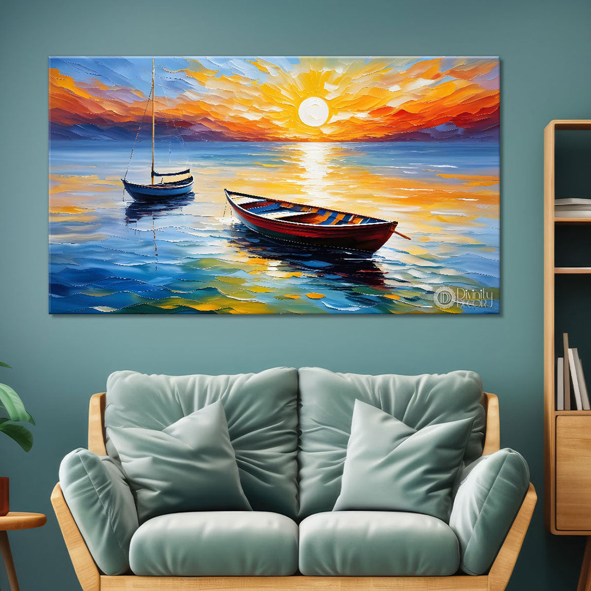 Boats in sea with sunset background textured modern art canvas painting - Design - River-30