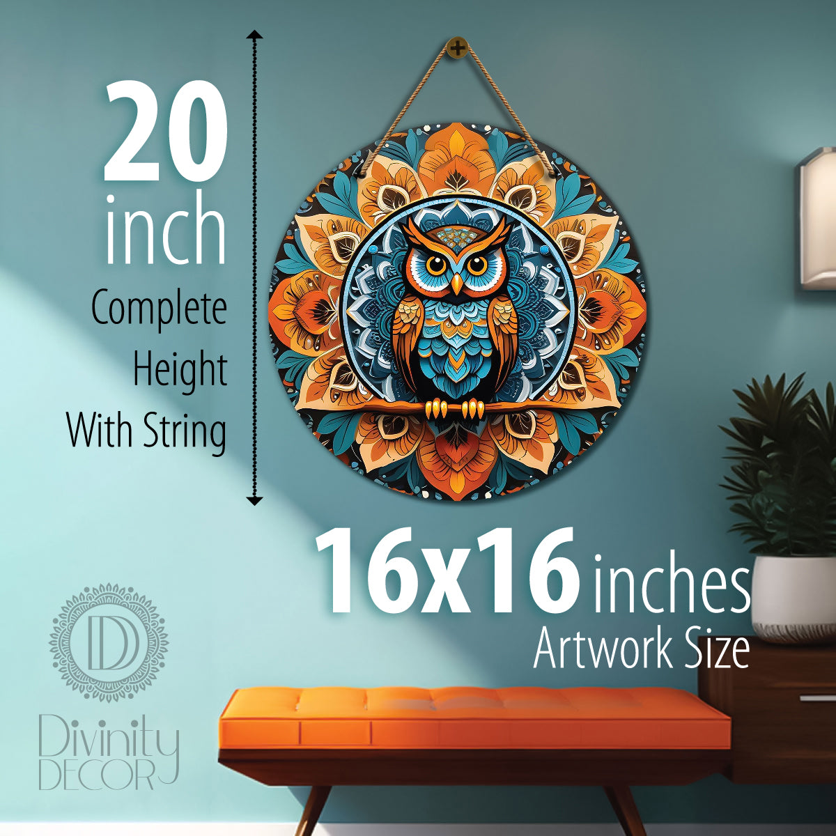 Owl in blue and orange mandala Round Wooden Wall Hanging for wall Décor - Design - 300