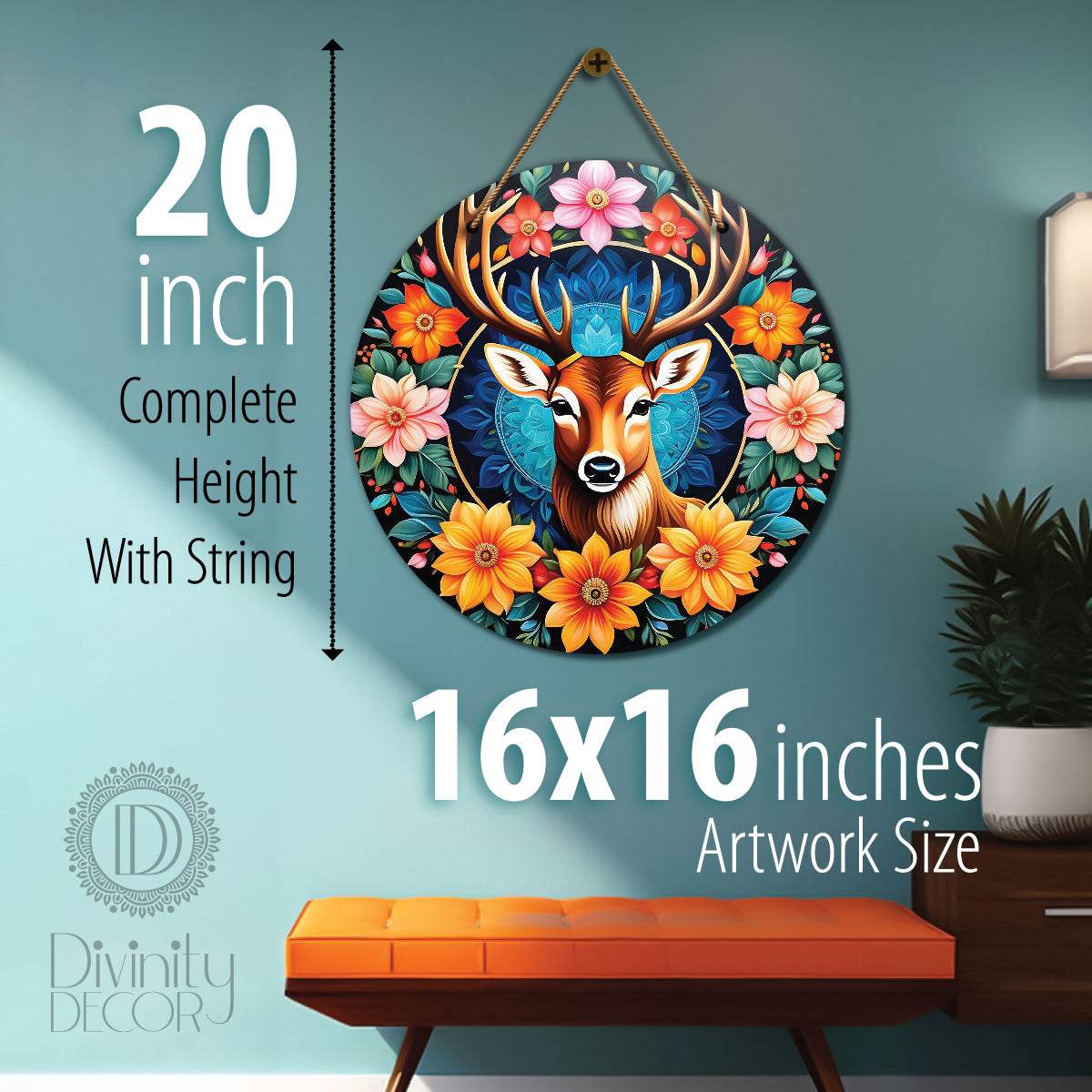 Deer in blue and floral mandala Round Wooden Wall Hanging for wall Décor - Design - 301