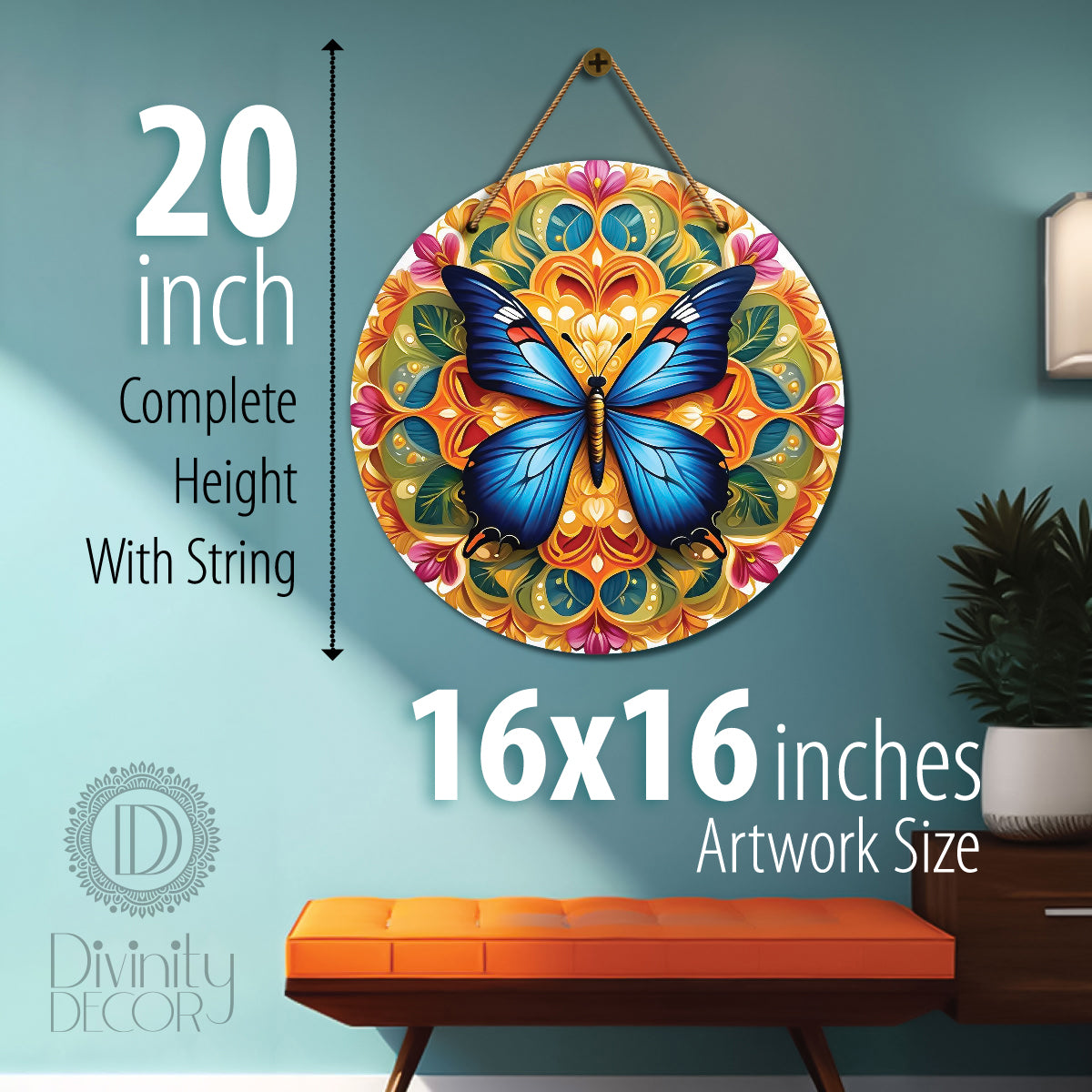 Butterfly in green and orange mandala Round Wooden Wall Hanging for wall Décor - Design - 302