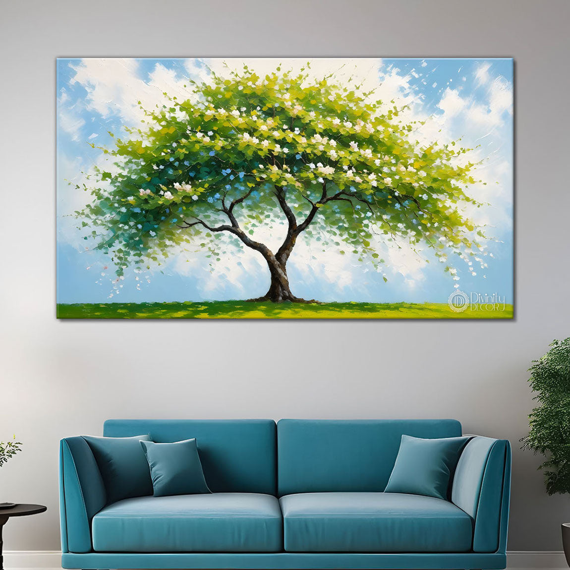 White flower tree in textured background oil painting- Design - Tree-303