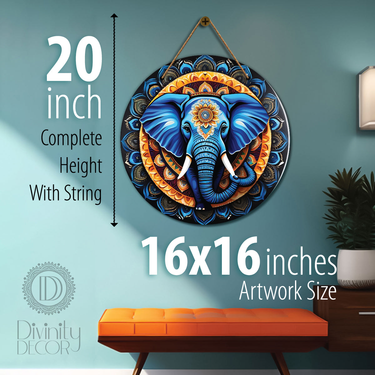 Elephant in golden and blue mandala Round Wooden Wall Hanging for wall Décor - Design - 304