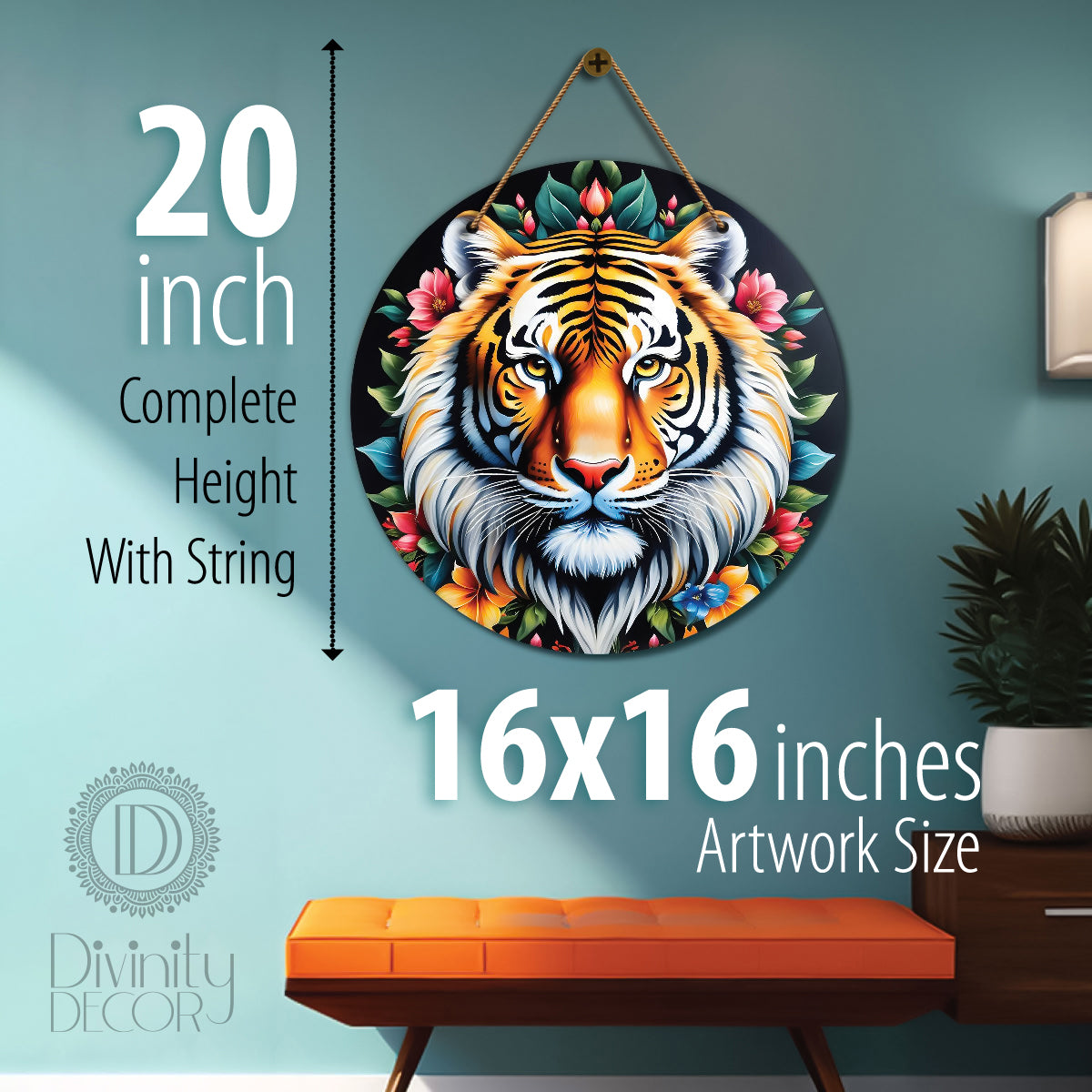 Tiger in floral mandala Round Wooden Wall Hanging for wall Décor - Design - 308