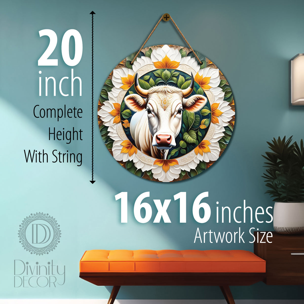 Cow in green and white mandala Round Wooden Wall Hanging for wall Décor - Design - 309