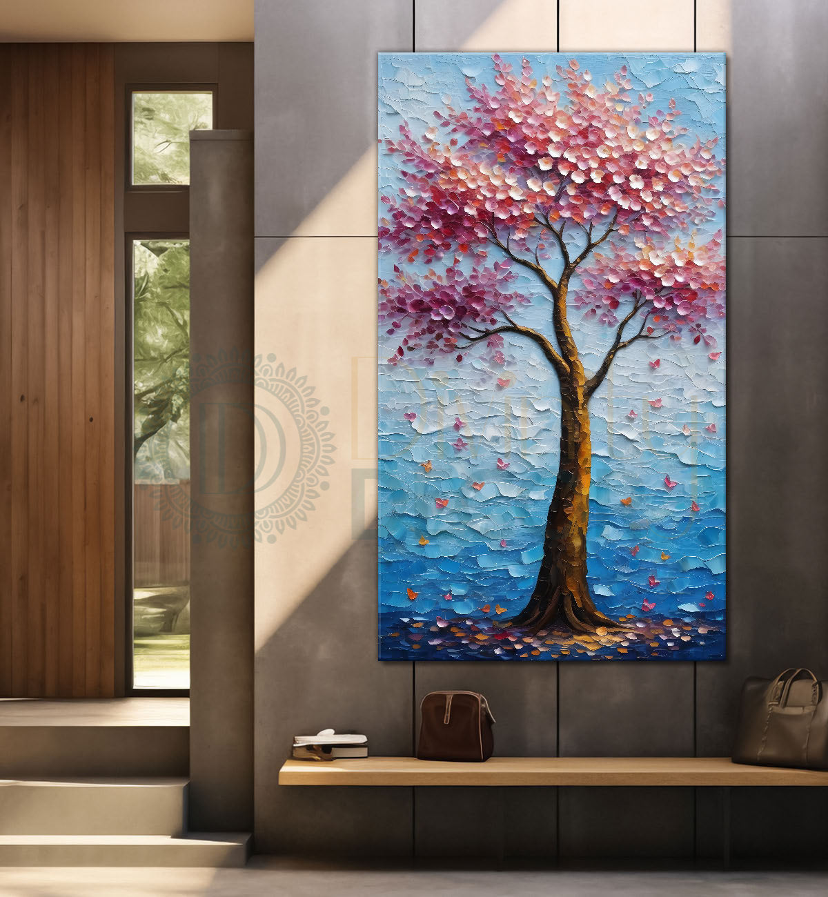 Spring tree with beautiful sky blue background textured modern art Canvas painting - Tree-V-30