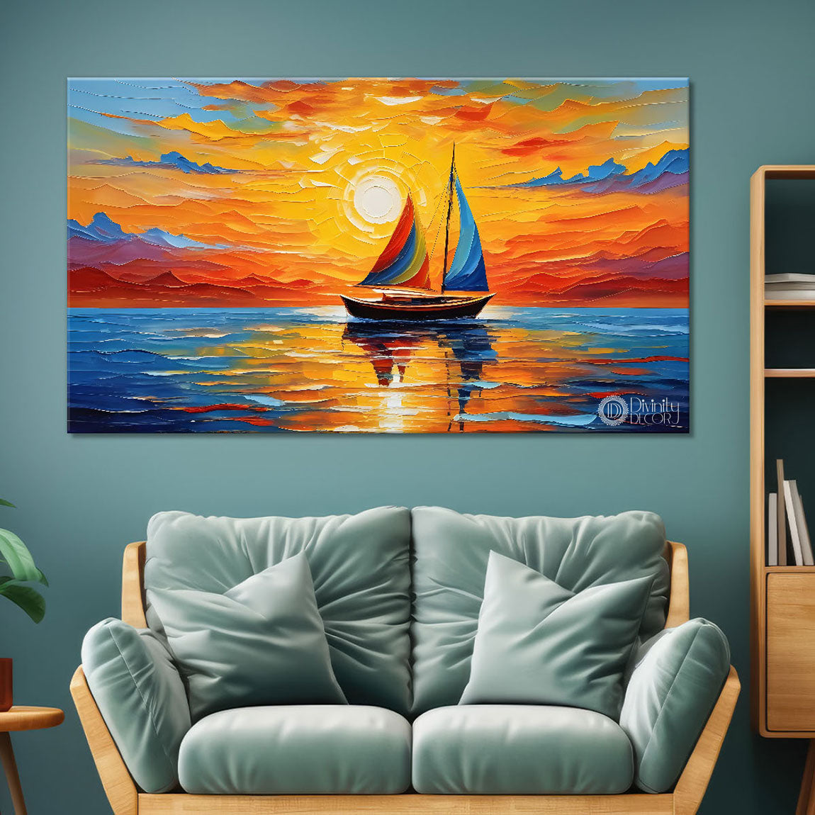 Boats in sea with sunset background textured modern art canvas painting - Design - River-31