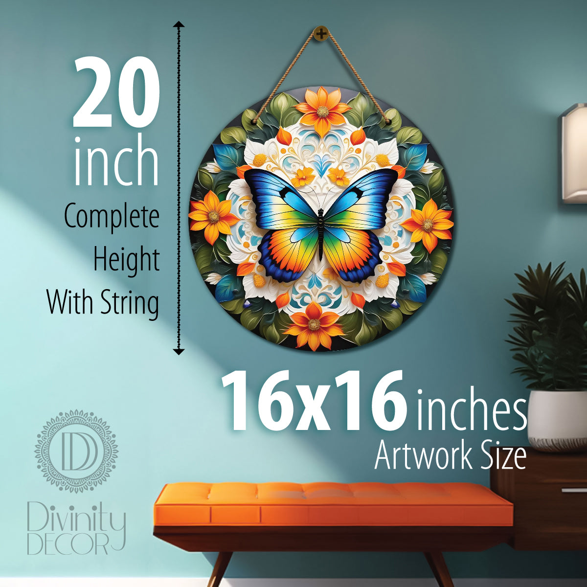 Butterfly in green and orange mandala Round Wooden Wall Hanging for wall Décor - Design - 310