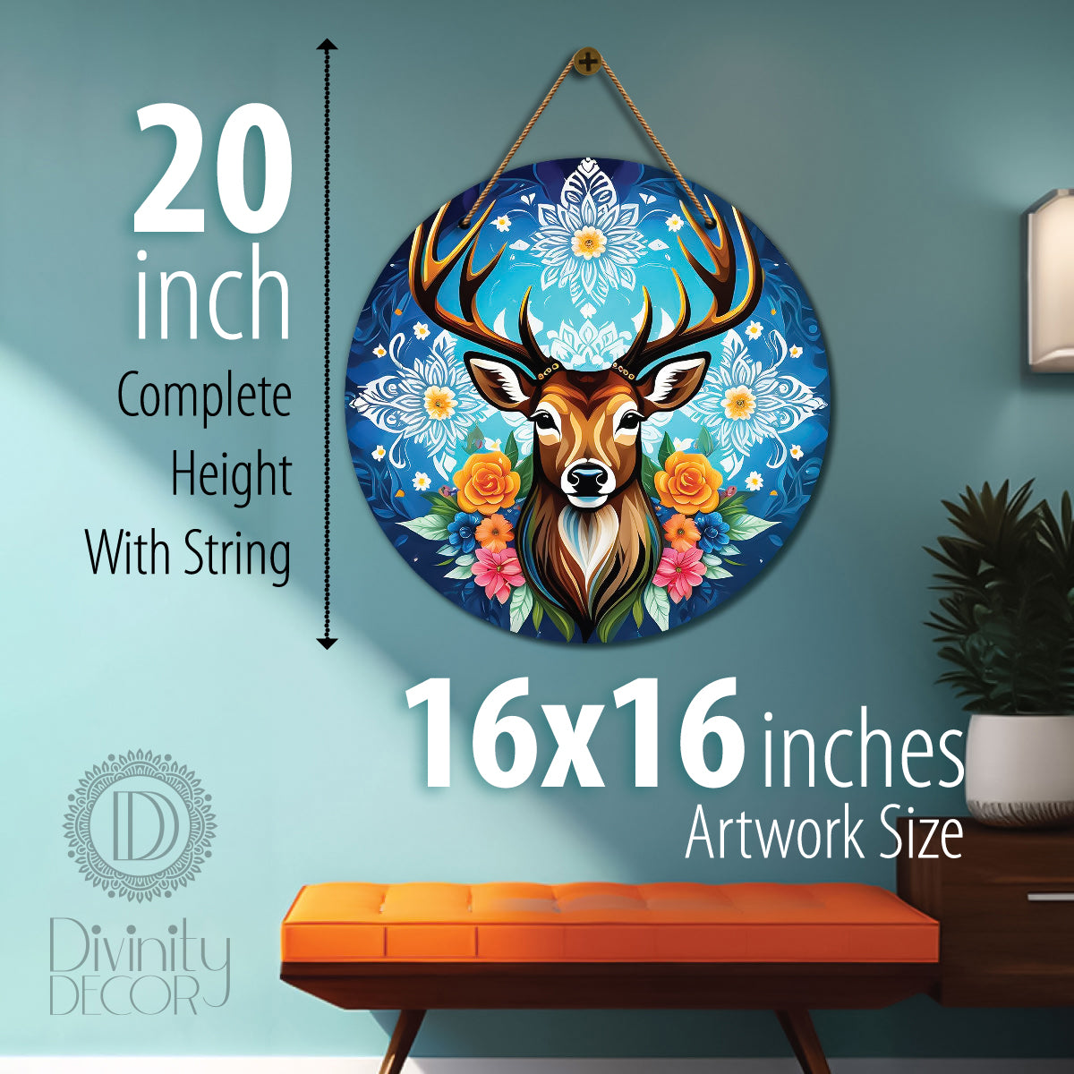 Deer in blue and floral mandala Round Wooden Wall Hanging for wall Décor - Design - 311