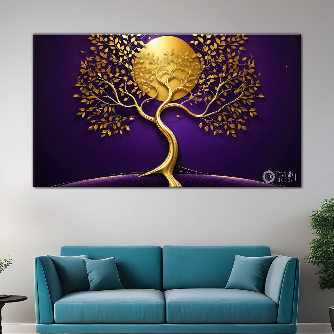 Golden tree in purple textured background modern art- Design - Tree-312