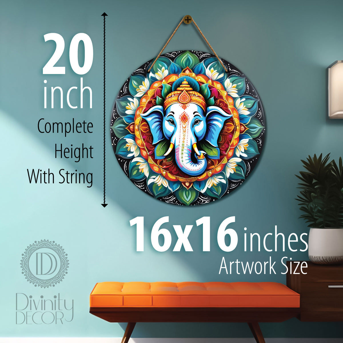 Ganesh Ji in green and orange mandala Round Wooden Wall Hanging for wall Décor - Design - 312