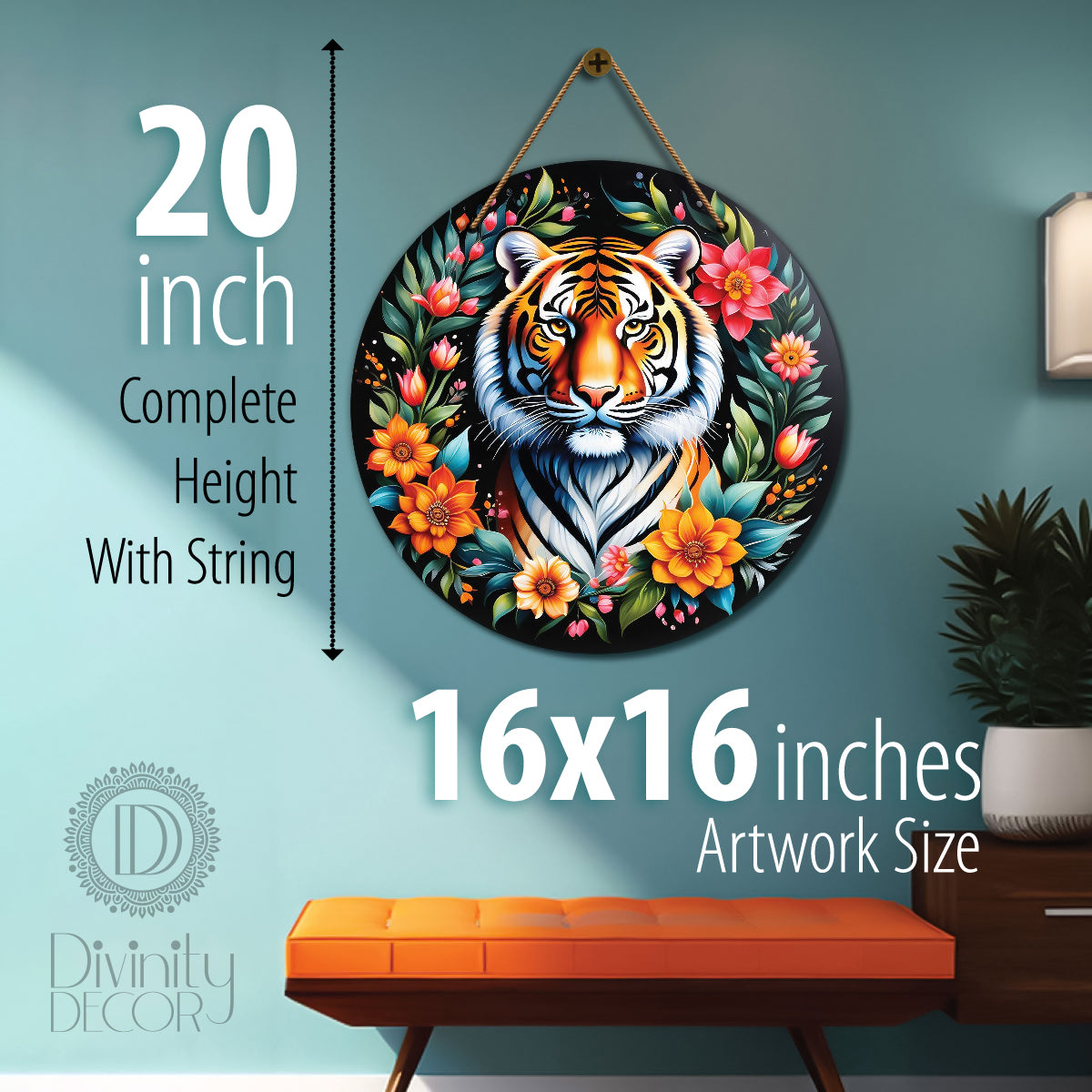 Tiger in floral mandala Round Wooden Wall Hanging for wall Décor - Design - 313