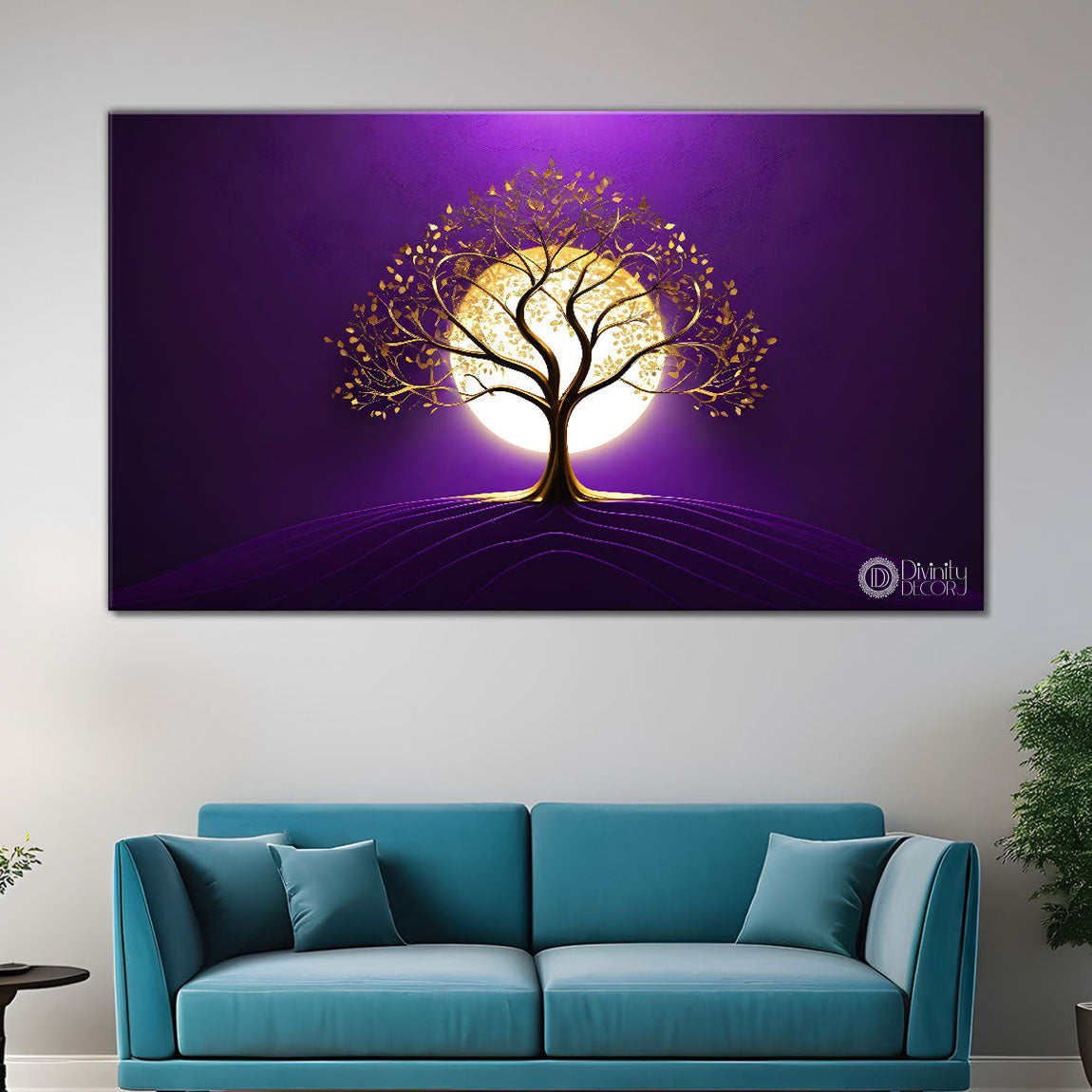 Golden tree in purple textured background modern art- Design - Tree-314