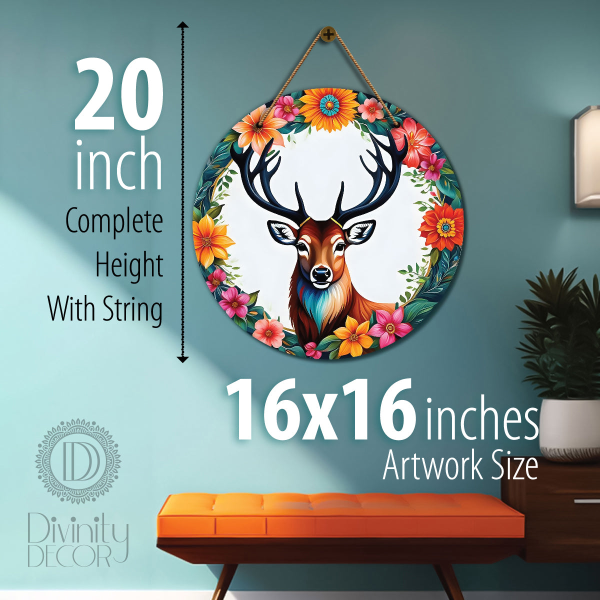 Deer in white and floral mandala Round Wooden Wall Hanging for wall Décor - Design - 314