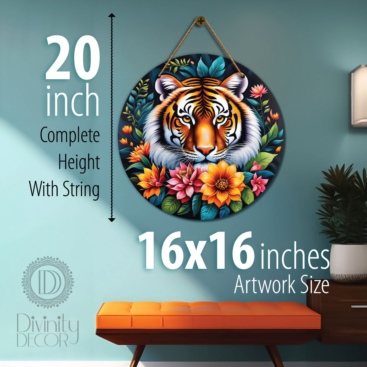 Tiger in floral mandala Round Wooden Wall Hanging for wall Décor - Design - 315