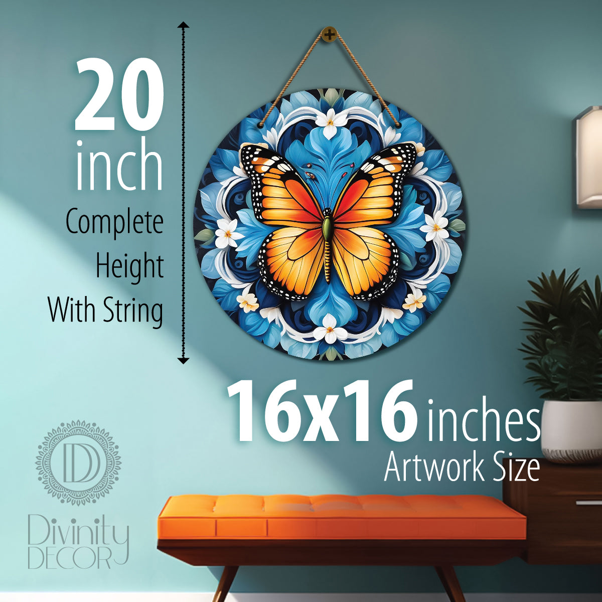 Butterfly in blue and orange mandala Round Wooden Wall Hanging for wall Décor - Design - 316