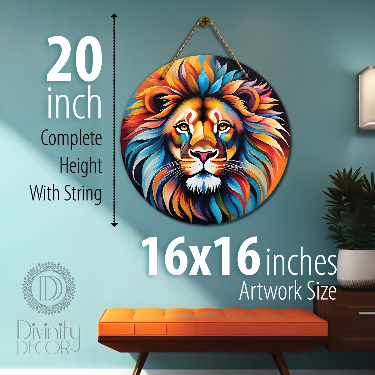 Lion in colourful mandala Round Wooden Wall Hanging for wall Décor - Design - 317