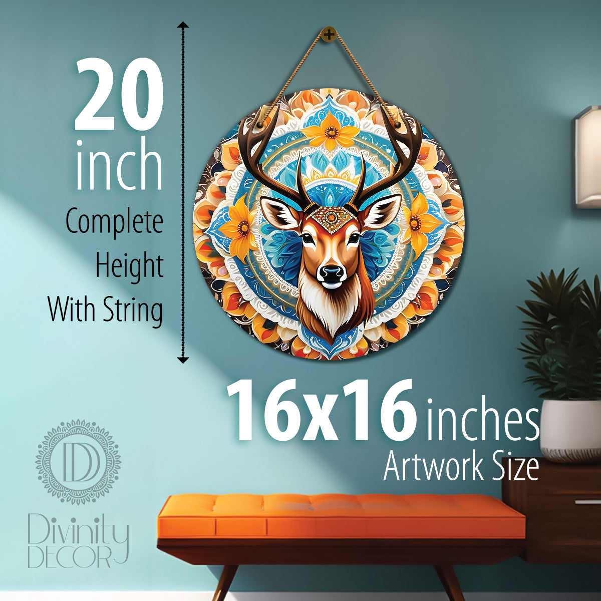 Deer in blue and floral mandala Round Wooden Wall Hanging for wall Décor - Design - 318