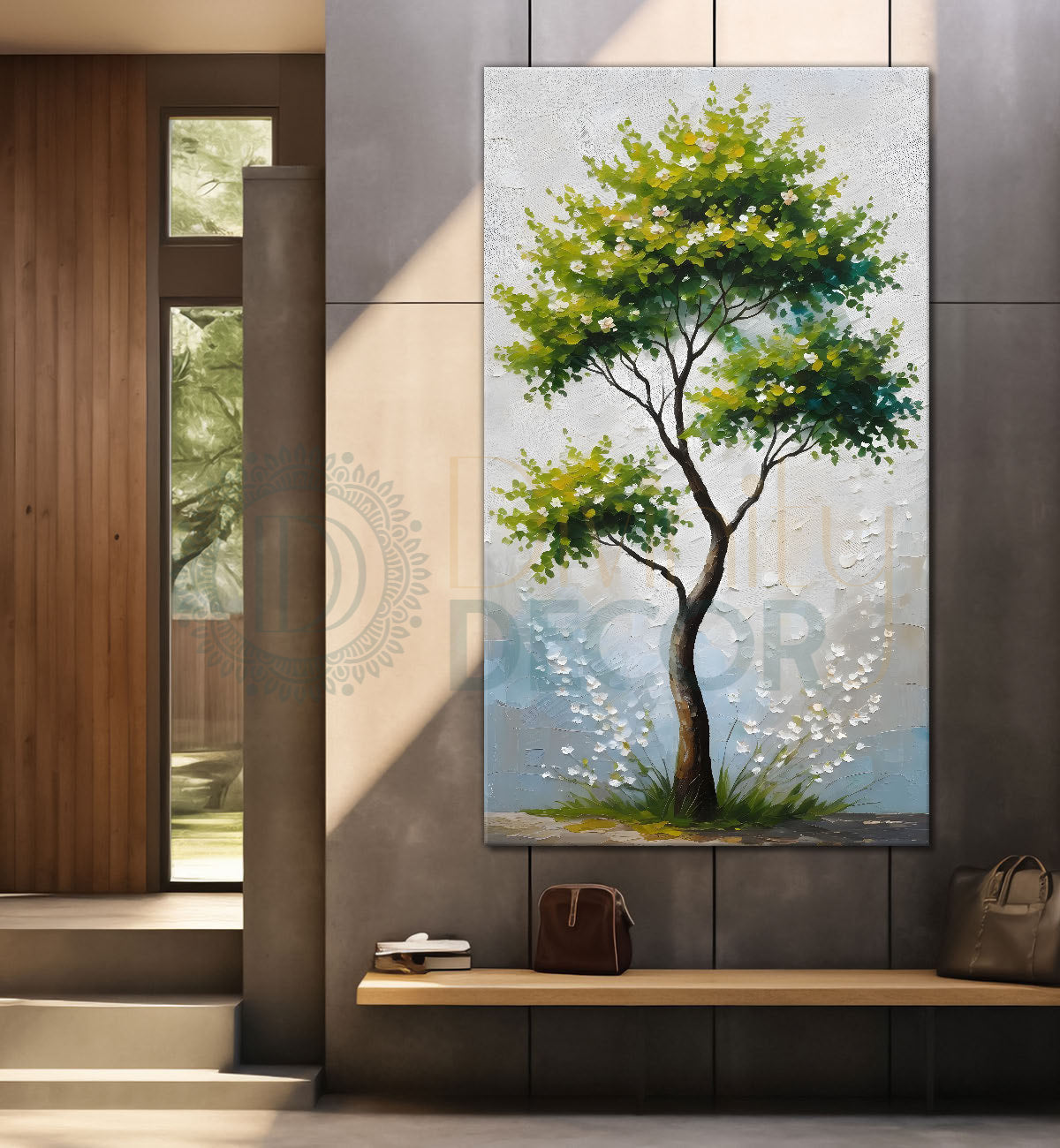 White flowers tree in textured oil painting Canvas painting - Tree-V-31