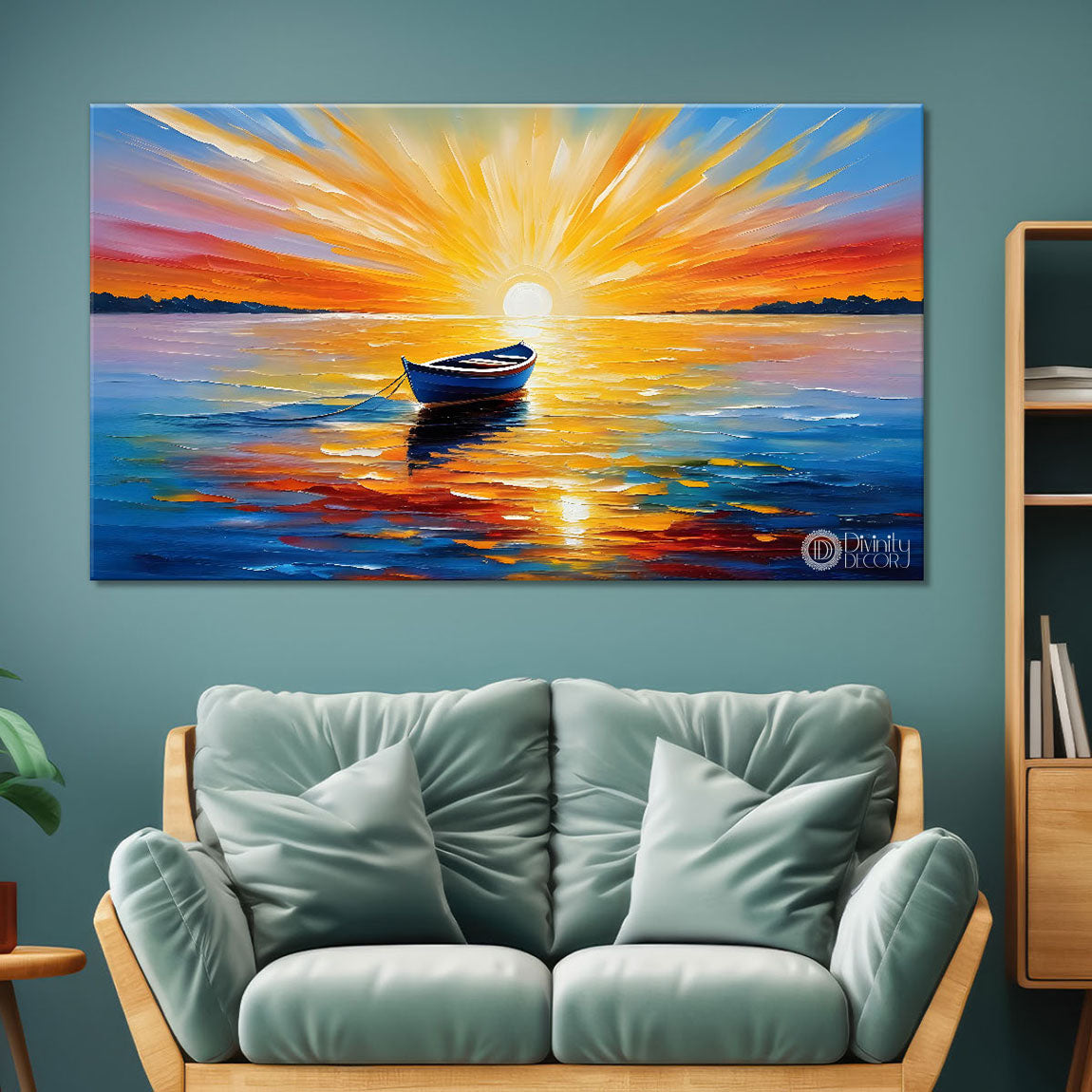 Boat in sea with sunset background textured modern art canvas painting - Design - River-32