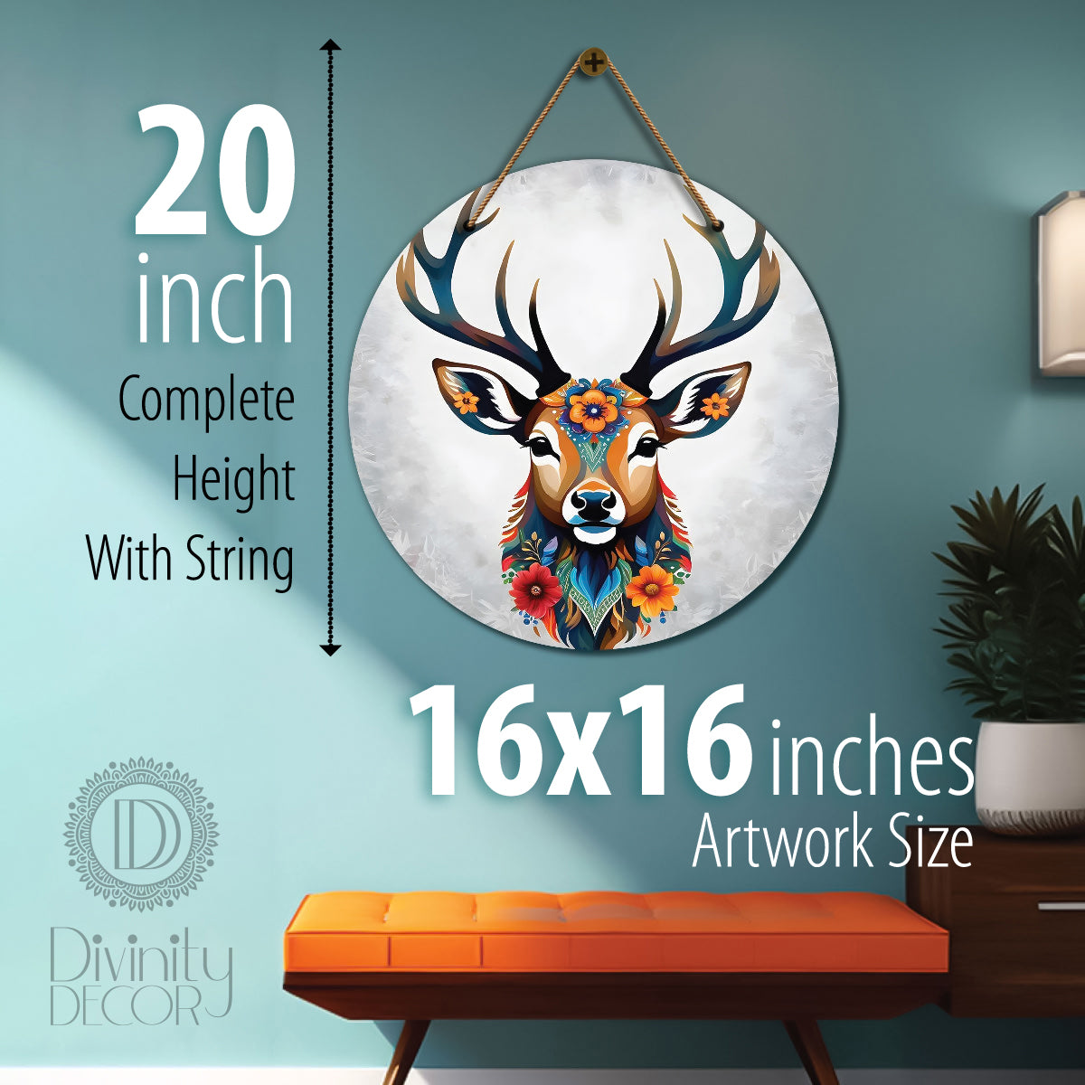 Deer in white and floral mandala Round Wooden Wall Hanging for wall Décor - Design - 320