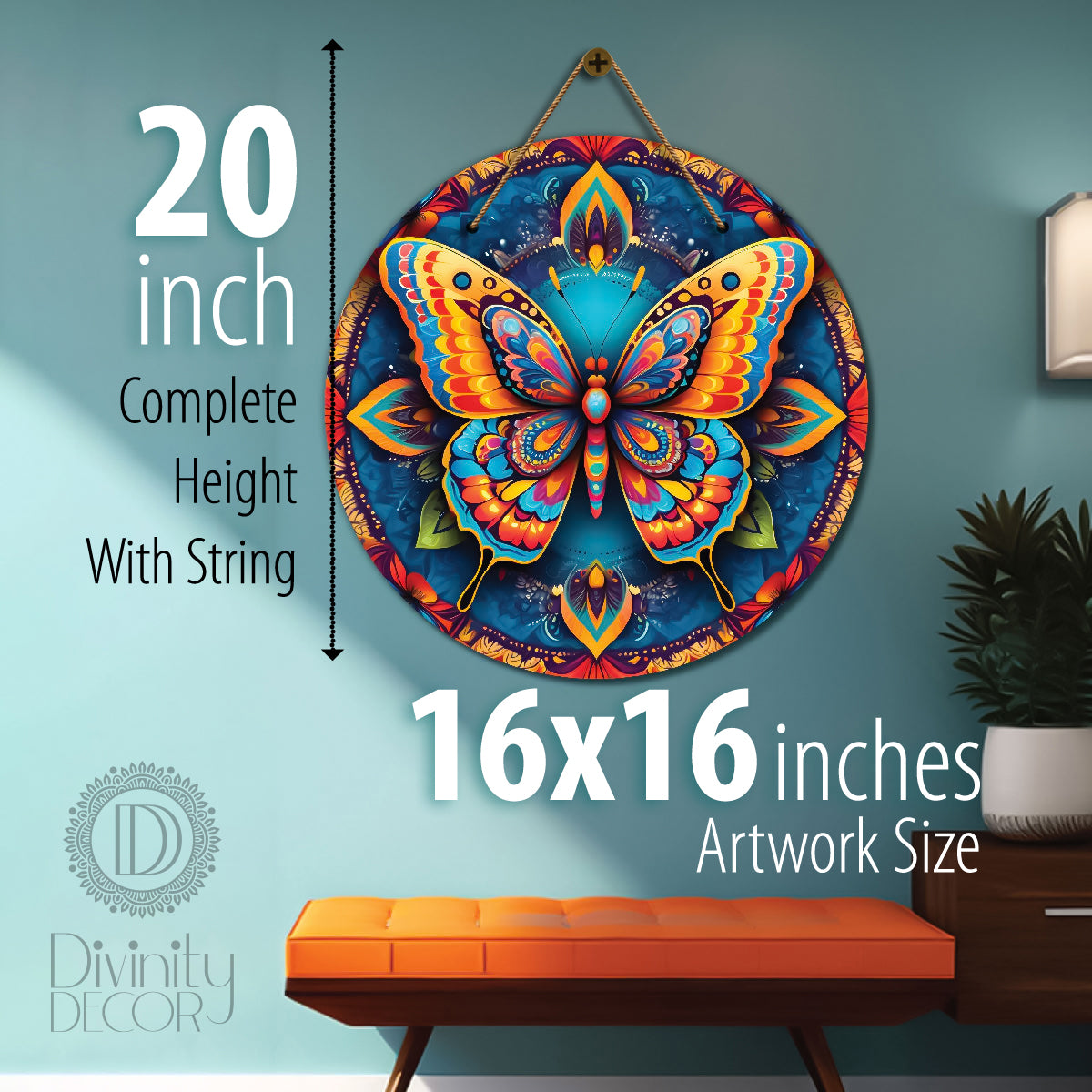Butterfly in blue and floral mandala Round Wooden Wall Hanging for wall Décor - Design - 321