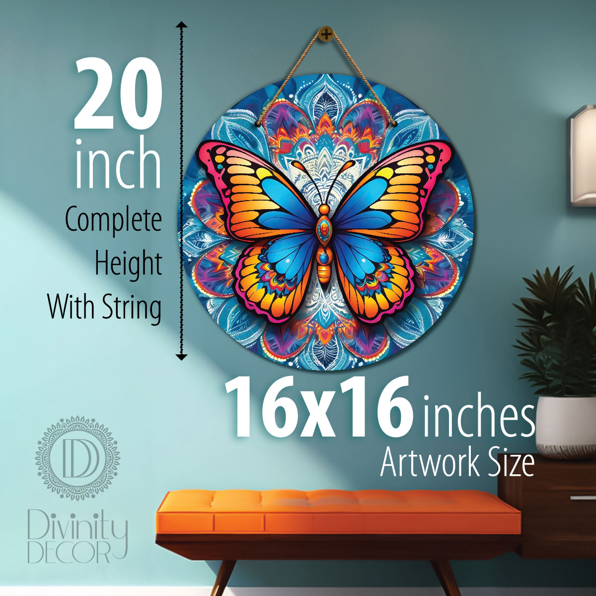 Butterfly in blue and floral mandala Round Wooden Wall Hanging for wall Décor - Design - 322