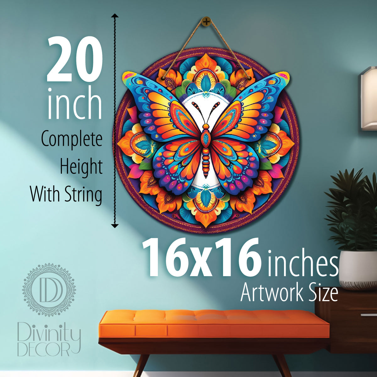 Butterfly in blue and floral mandala Round Wooden Wall Hanging for wall Décor - Design - 323