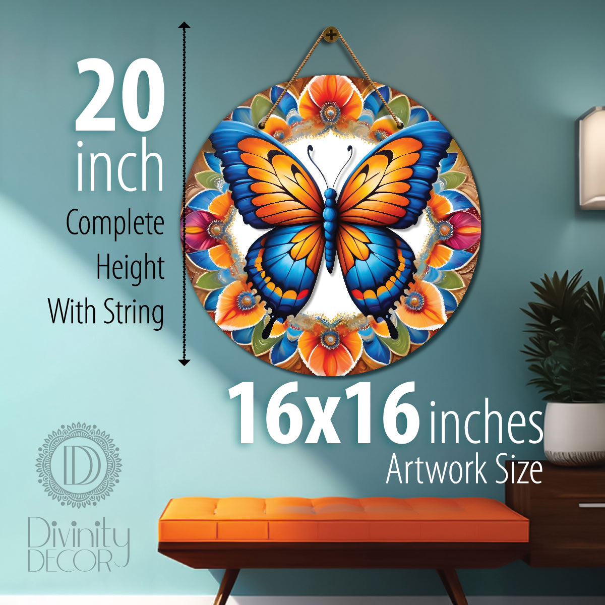 Butterfly in blue and floral mandala Round Wooden Wall Hanging for wall Décor - Design - 324