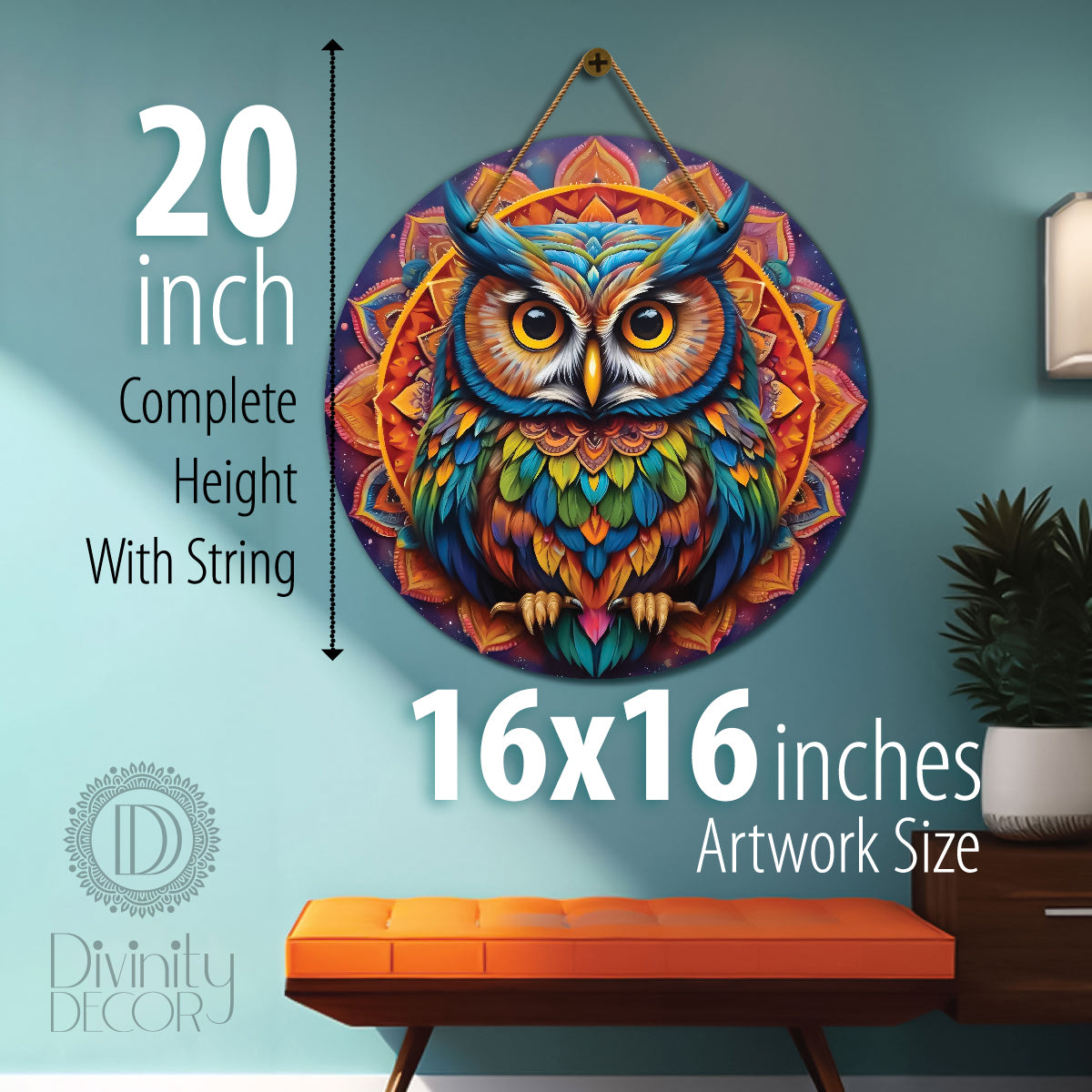 Owl in blue and orange mandala Round Wooden Wall Hanging for wall Décor - Design - 325