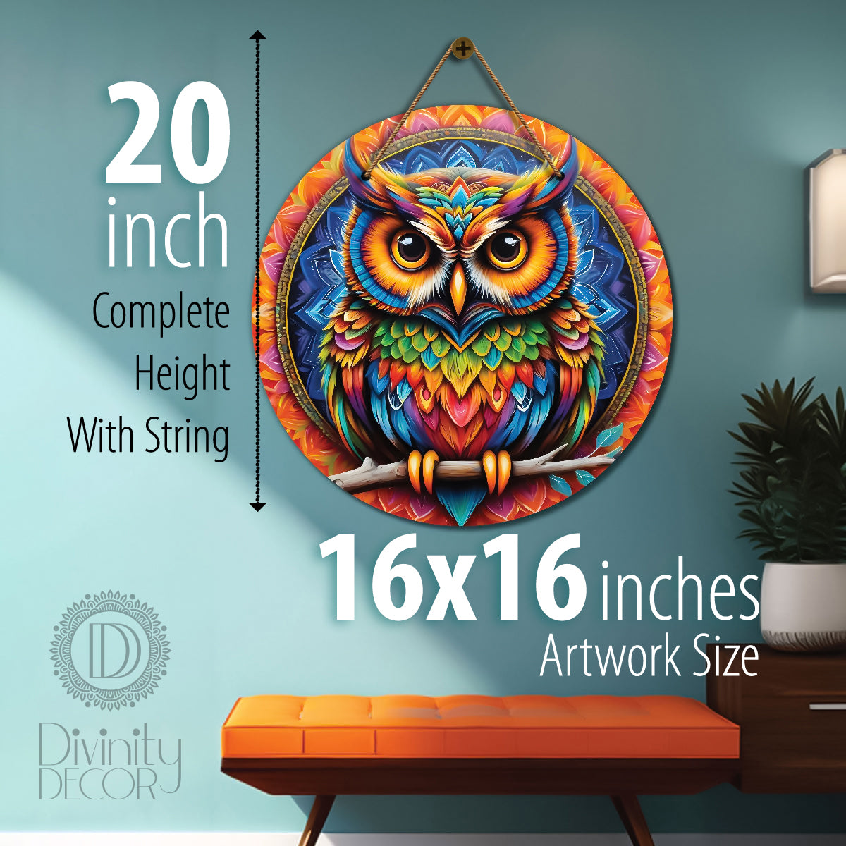 Owl in blue and orange mandala Round Wooden Wall Hanging for wall Décor - Design - 326